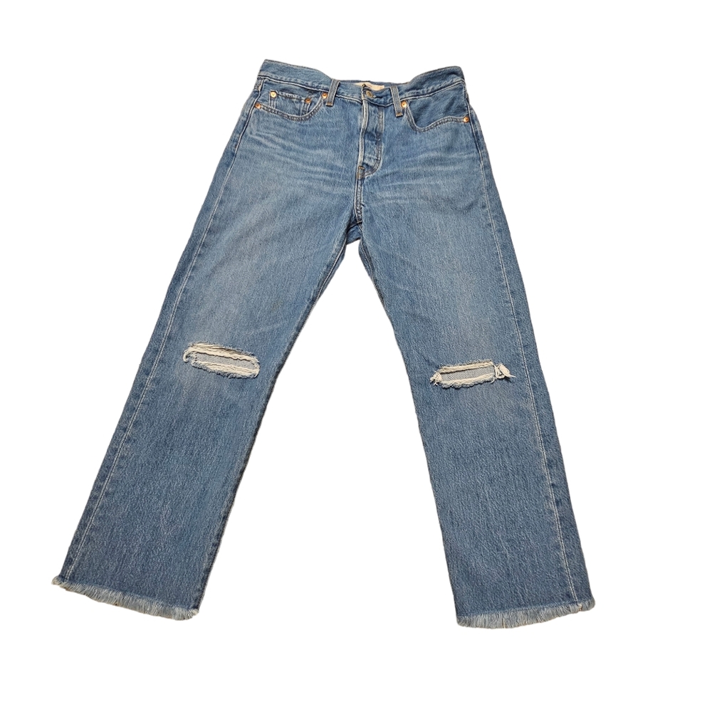Woman's Big E Levi Rare Vintage Remake Wegdie Straight Ripped Jeans